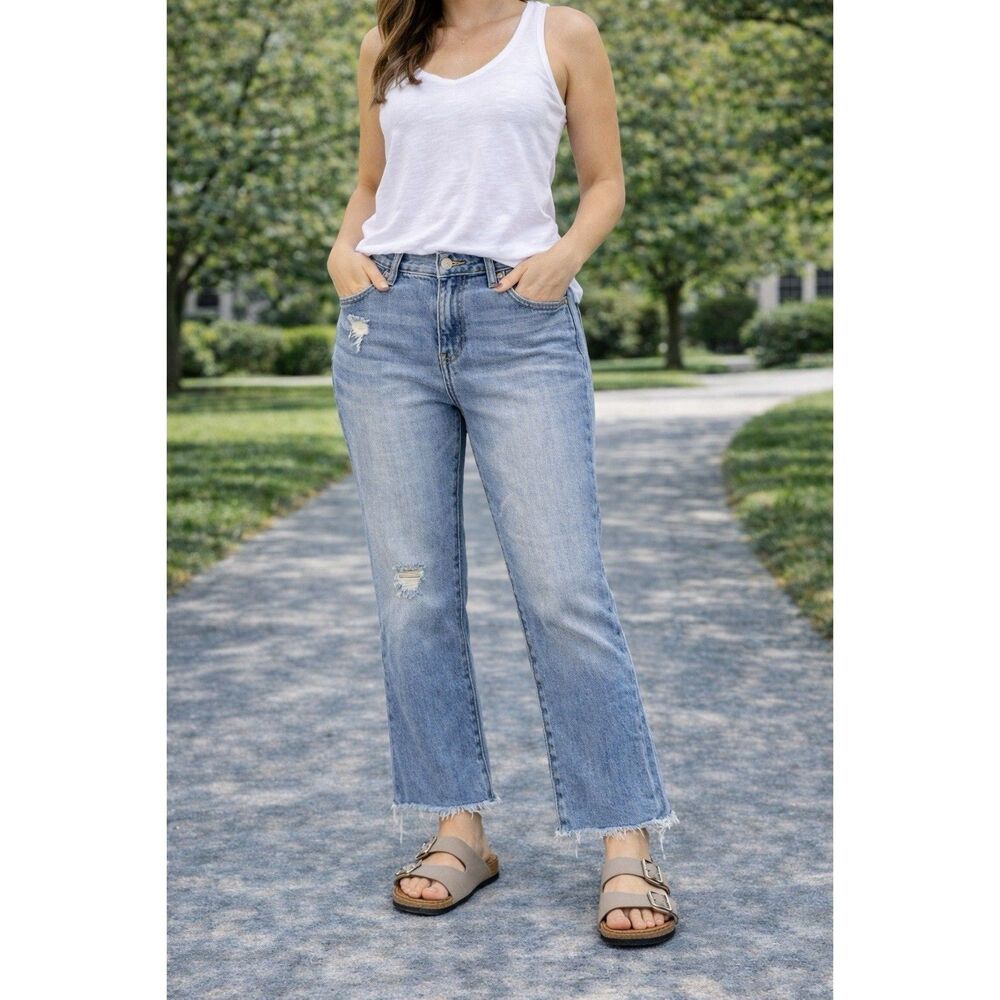 LOFT Size 32/14 Modern & Flared Straight Jeans Blue Raw Hem Distressed Denim